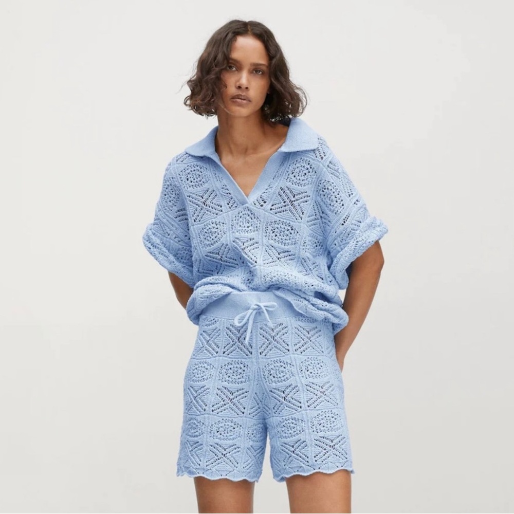 NWT Mango Blue Crochet Cova Set Sweater M & Shorts L